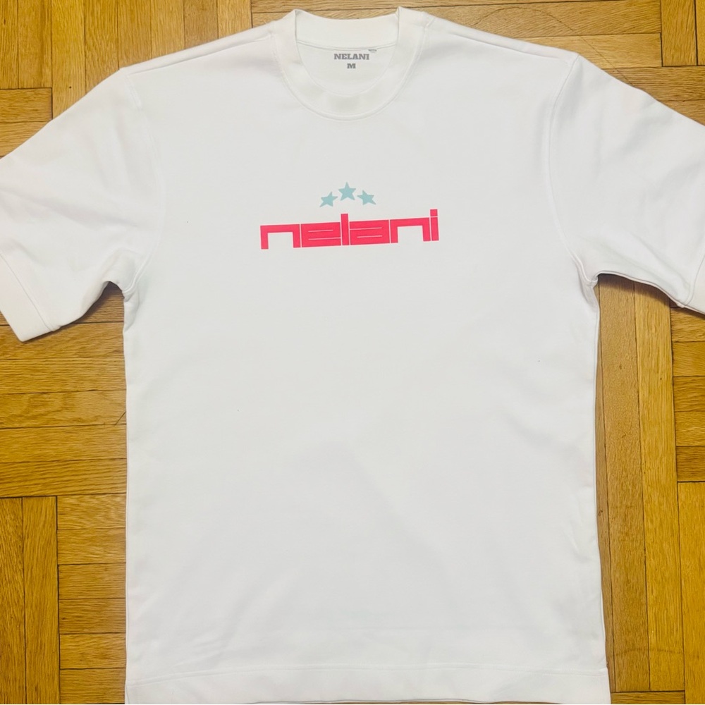 White Short Sleeve Tee with Pink Geometric Design